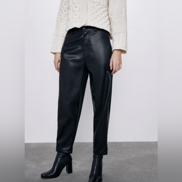 Zara High-Waisted Faux Leather Balloon Barrel Leg Trouser Pants Black 2969/246 M - Picture 1 of 16